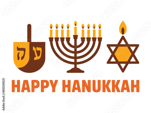 Happy hanukkah with menorah dreidel and star of david icon