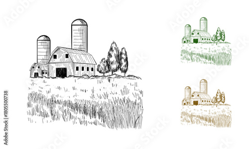 Rural landscape field wheat in graphical style. Hand drawn and converted to vector Illustration.
