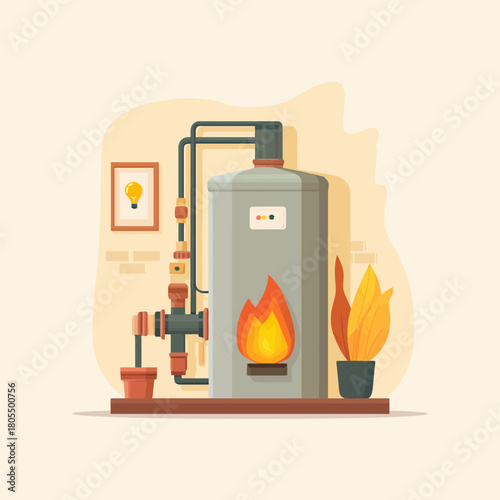 A Residential Heating Furnace with a Burning Fire Inside