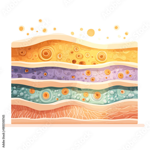 Illustration of skin cell layers in colorful and detailed section