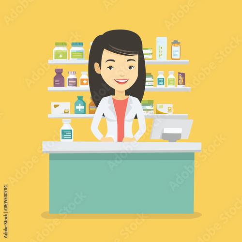 A smiling pharmacist standing behind a pharmacy counter