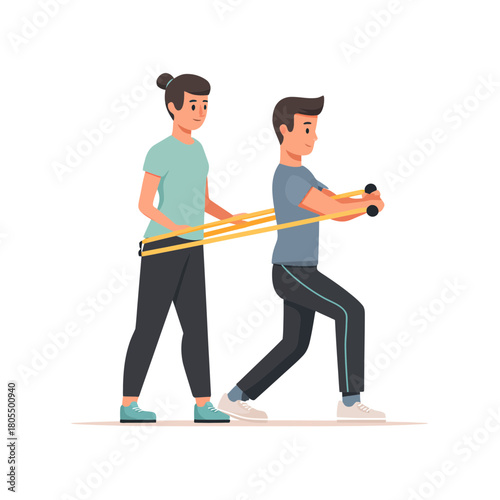 Man exercising with a band assisted by a physical therapist