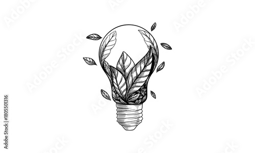 Hand drawn Eco friendly lightbulb from fresh leaves, concept of Renewable Energy and Sustainable Living,