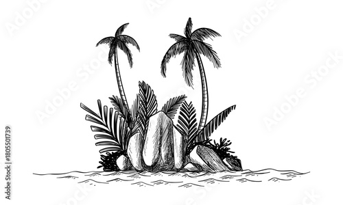Paradise island with palms and stones. Vector sketch.