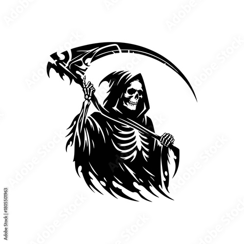Grim Reaper Silhouette Vector. Death skeleton character holding a scythe in tattered black cloak. Horror tattoo and logo graphic isolated on white.