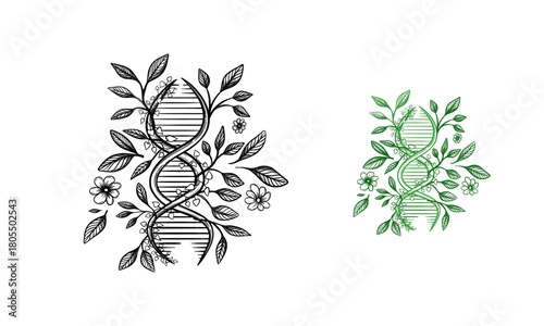 Hand drawn Biology laboratory nature and science, plant and environmental study, DNA, gene therapy, and plants with biochemistry structures