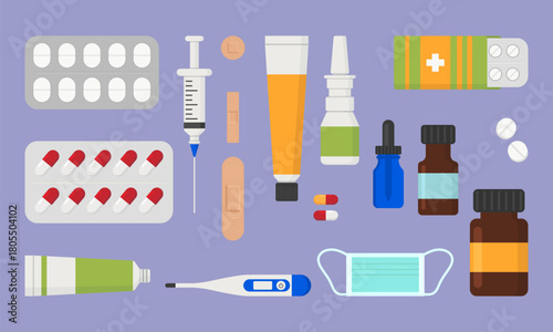 Medicine. Medicines. Mask, tablets, syringe, band-aid, ointment, spray, thermometer. Vector illustration