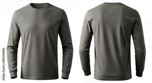 Olive green long sleeve tee mock-up, isolated front and back view