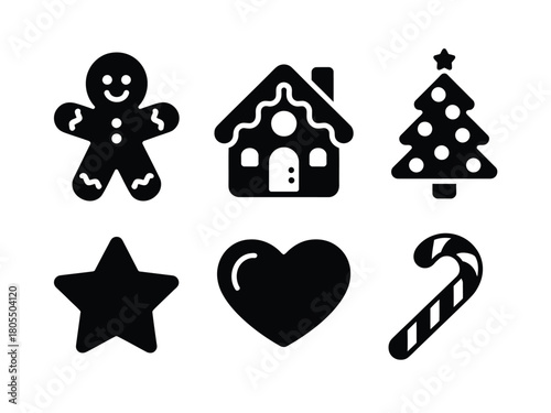 Six festive Christmas-themed silhouette icons including a gingerbread man, gingerbread house, tree, star, heart, and candy cane.