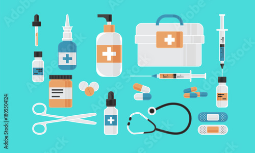 Medicine. First aid kit, stethoscope and syringe, vial of medicine, and pills, hand sanitizer bottles, medical plaster, pipette. Vector illustration