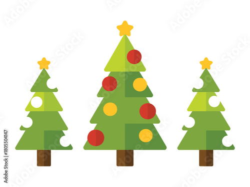 Three stylized Christmas trees decorated with baubles and stars are presented on a white background.