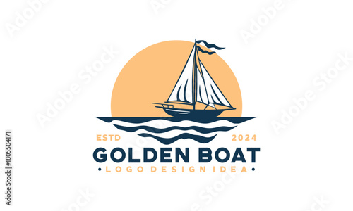 Golden catch logo with a sailboat in the ocean. Perfect for seafood restaurants, fishing charters, maritime businesses, and yacht clubs.