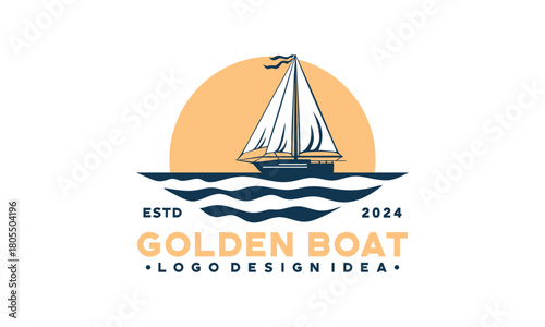 Golden catch logo with a sailboat in the ocean. Perfect for seafood restaurants, fishing charters, maritime businesses, and yacht clubs.