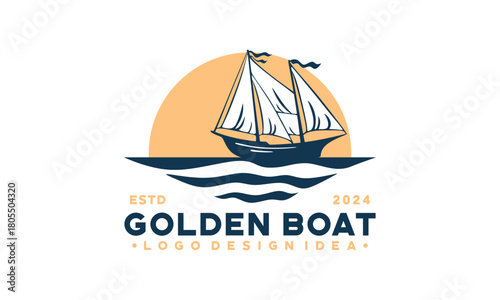 Golden catch logo with a sailboat in the ocean. Perfect for seafood restaurants, fishing charters, maritime businesses, and yacht clubs.