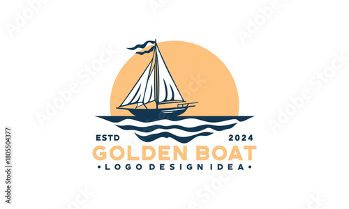 Golden catch logo with a sailboat in the ocean. Perfect for seafood restaurants, fishing charters, maritime businesses, and yacht clubs.