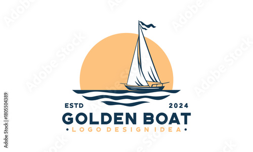 Golden catch logo with a sailboat in the ocean. Perfect for seafood restaurants, fishing charters, maritime businesses, and yacht clubs.