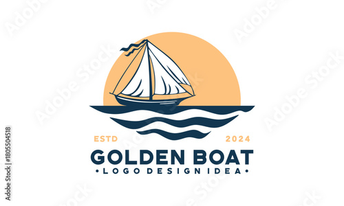 Golden catch logo with a sailboat in the ocean. Perfect for seafood restaurants, fishing charters, maritime businesses, and yacht clubs.