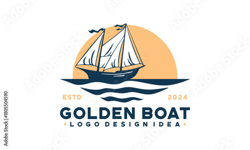 Golden catch logo with a sailboat in the ocean. Perfect for seafood restaurants, fishing charters, maritime businesses, and yacht clubs.