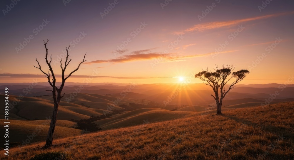 Obraz premium Scenic landscape with two trees in golden hour light, rolling hills