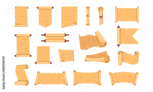 Parchment scrolls set vector illustration. Cartoon isolated old papyrus rolls collection with ancient paper sheet for treasure map, vintage document, letter with torn texture and rolled diploma