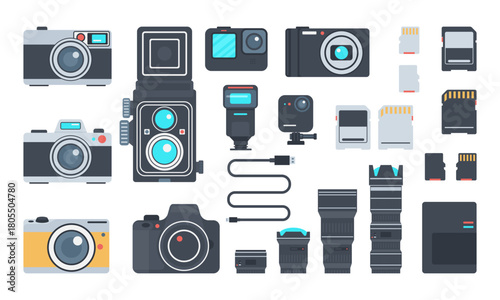 Different types of cameras set vector illustration. Collection of retro and modern digital camcorder flat style concept. Professional photography school or photo studio design. Isolated on white