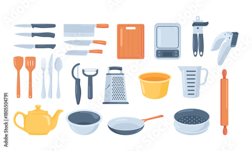 Kitchen tools set.Kitchen utensils icon collection with knife, spoon, fork, pans, cup, teapot, grater, rolling pin, cutting board, cutlery. Cooking and kitchenware food.Household in flat cartoon style