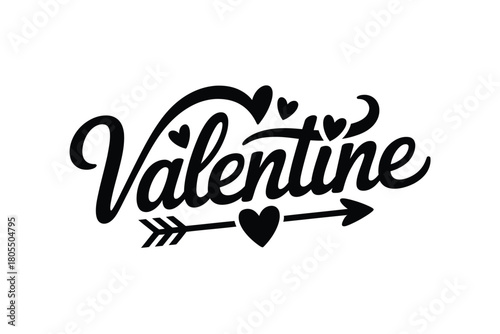 Valentine's Day text with hearts and arrow, graphic design.