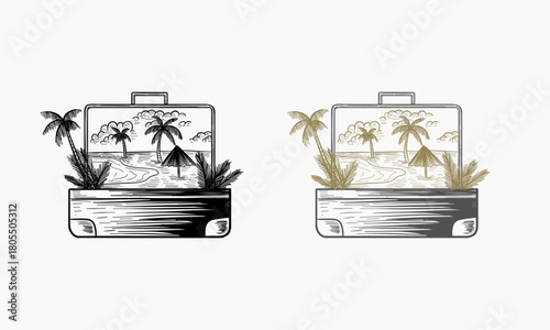 hand drawn summer illustration, suitcase with island beach summer vibe vector, Summer travel luggage vector design