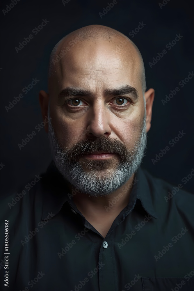 Fototapeta premium Studio portrait of a serious bald man with a full beard against a dark background, emphasizing strong facial features, dramatic lighting, and a confident, introspective expression in a minimalist sett