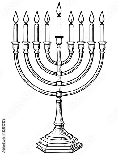 Hanukkah menorah line art illustration. A nine-branch candelabra, a hanukkiyah celebrating Jewish holiday. Vector design isolated on transparent background.
