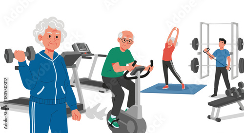 Active seniors exercising in gym with weights and cardio equipment  