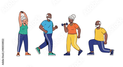 Active seniors exercising and staying fit in colorful sportswear  