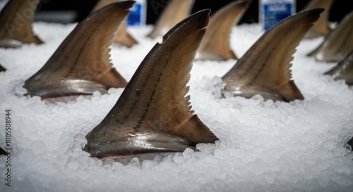 Shark fins on ice, angled in a row, with textured skin and dorsal ridges