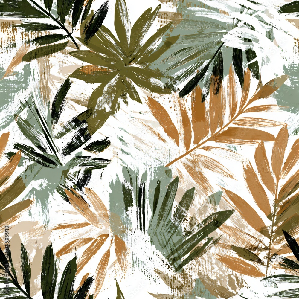 Obraz premium Abstract palm leaf seamless pattern with brush strokes and texture. Tropical jungle foliage background for textile, print, or wallpaper design in earthy tones.