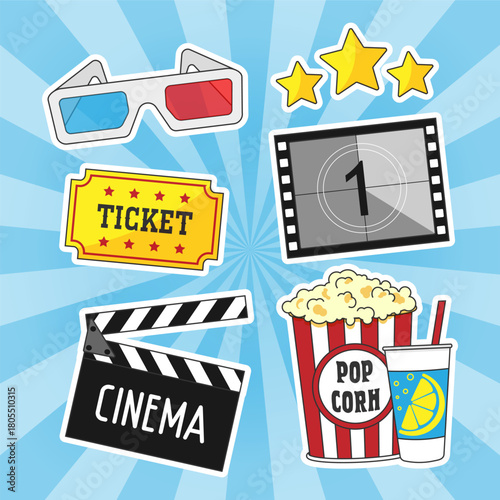 Set of cinema icons in flat style. Film industry objects. Colorful cinema illustrations isolated on background. Cinema design elements. EPS 10 vector.