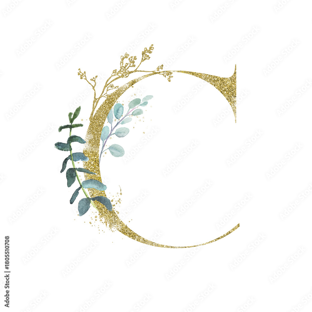 Naklejka premium Gold Floral Alphabet - letter C with botanic branch bouquet composition. Unique collection for wedding invitations, baby shower, prints, wallpapers, greeting cards, birthdays, etc.