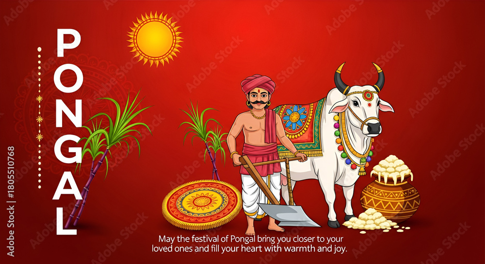Naklejka premium Tamil Nadu festival Happy Pongal with Pongal props, holiday Background, Pongal celebration greeting card, abstract vector illustration design.