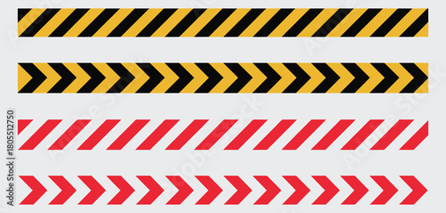 Barricade Tape Caution Stripes – Red-White and Black-Yellow Diagonal Warning Pattern, Seamless Repeatable Hazard Tape Illustration, Construction Safety Vector Design
