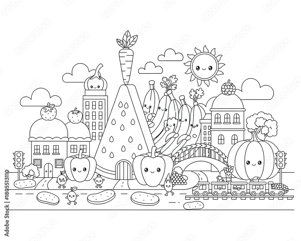 Fototapeta premium A playful city scene featuring anthropomorphic fruits and vegetables