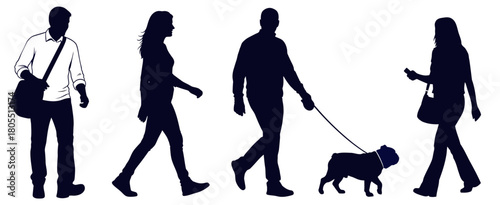 Silhouettes of People Walking Diverse City Lifestyle with Dog