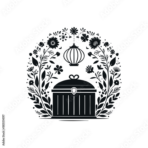 Memorial Urn and Keepsake Box Silhouette Set. Floral cremation container and memento mori illustration collection isolated on white.