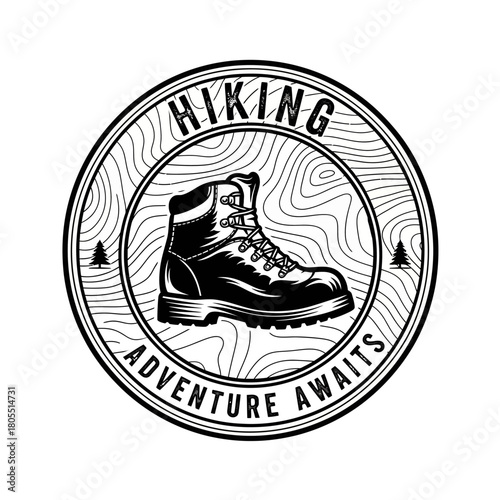 Vintage hiking boot emblem for outdoor adventure logo.