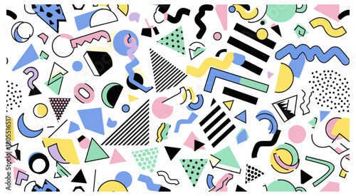 A vibrant retro pattern of scattered abstract geometric shapes in a colorful 1980s Memphis design style.