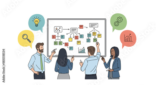 Team brainstorming and planning strategy on whiteboard isolated on white background