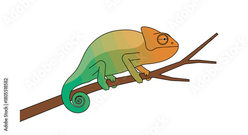 Colorful chameleon perched on a branch, isolated on white background