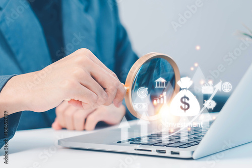 Businessman calculating income and ROI, illustrating finance, investment, fundraising, interest rates, dividends, and financial analysis for return on investment planning.