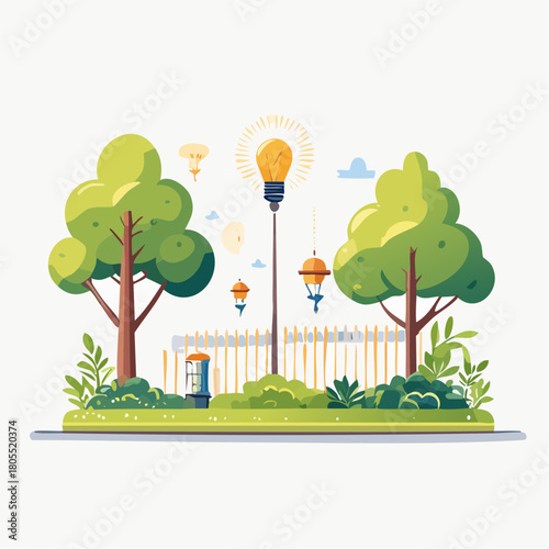 Park scene with trees and streetlights illustration.