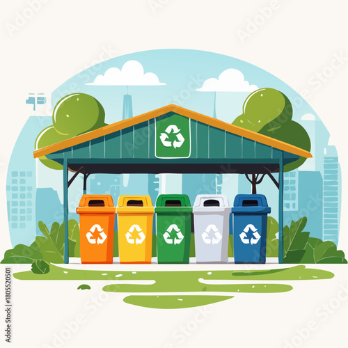 Recycling Bins Under Shelter in Urban Park.