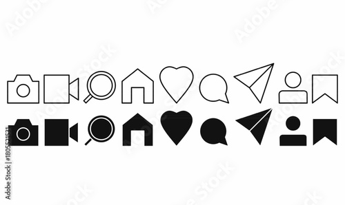 Set of buttons vector illustration social media interface icons with camera, video, search, home, heart, chat bubble, paper plane, user, and bookmark in outline and silhouette.for apps, web