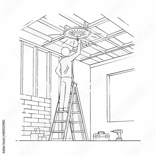 A hand-drawn illustration depicts a person on a ladder installing a ceiling fan in a room under construction, highlighting home improvement and DIY projects.